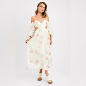 Bardot Lucia balloon sleeve Midi Dress in Painterly Floral XXL (12)